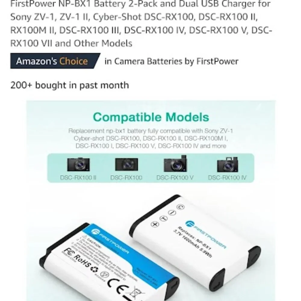 FirstPower NP-BX1 Battery 2-Pack and Dual USB Charger for Sony ZV-1 ZV-1 II, ETC